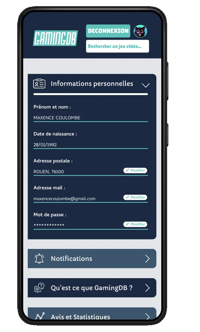 Capture d'écran des paramètres d'informations personnelles