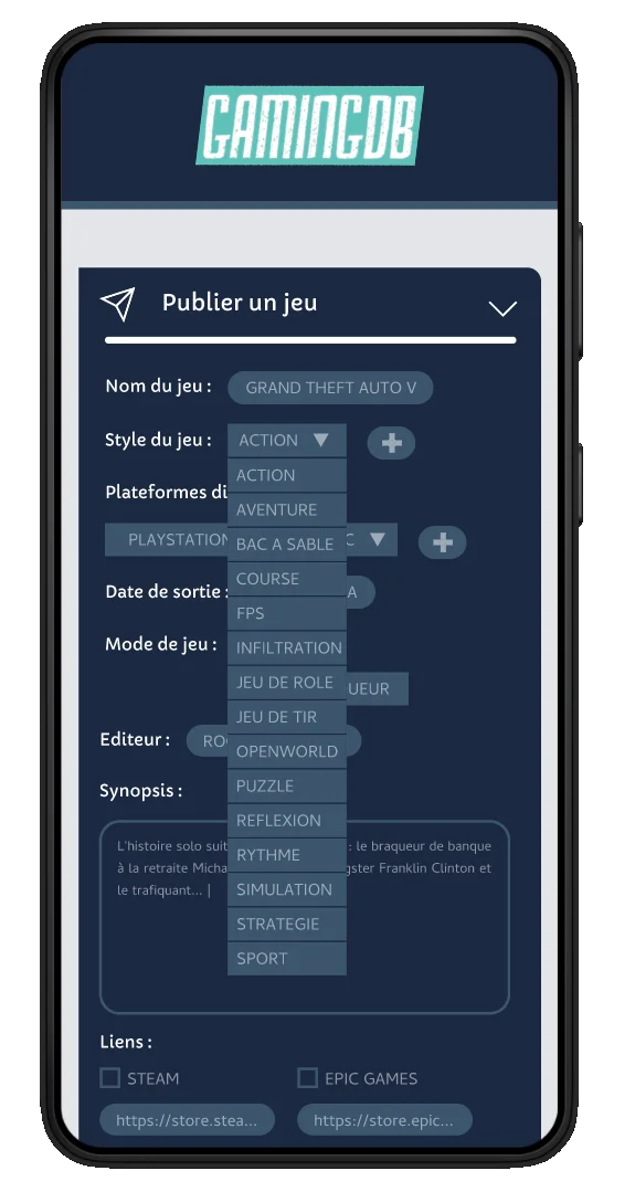 Capture d'écran de la page publier un jeu sur le back office