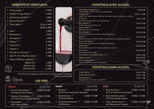 Carte des boissons du bar La Salicorne du Domaine d'Inly (1/2)